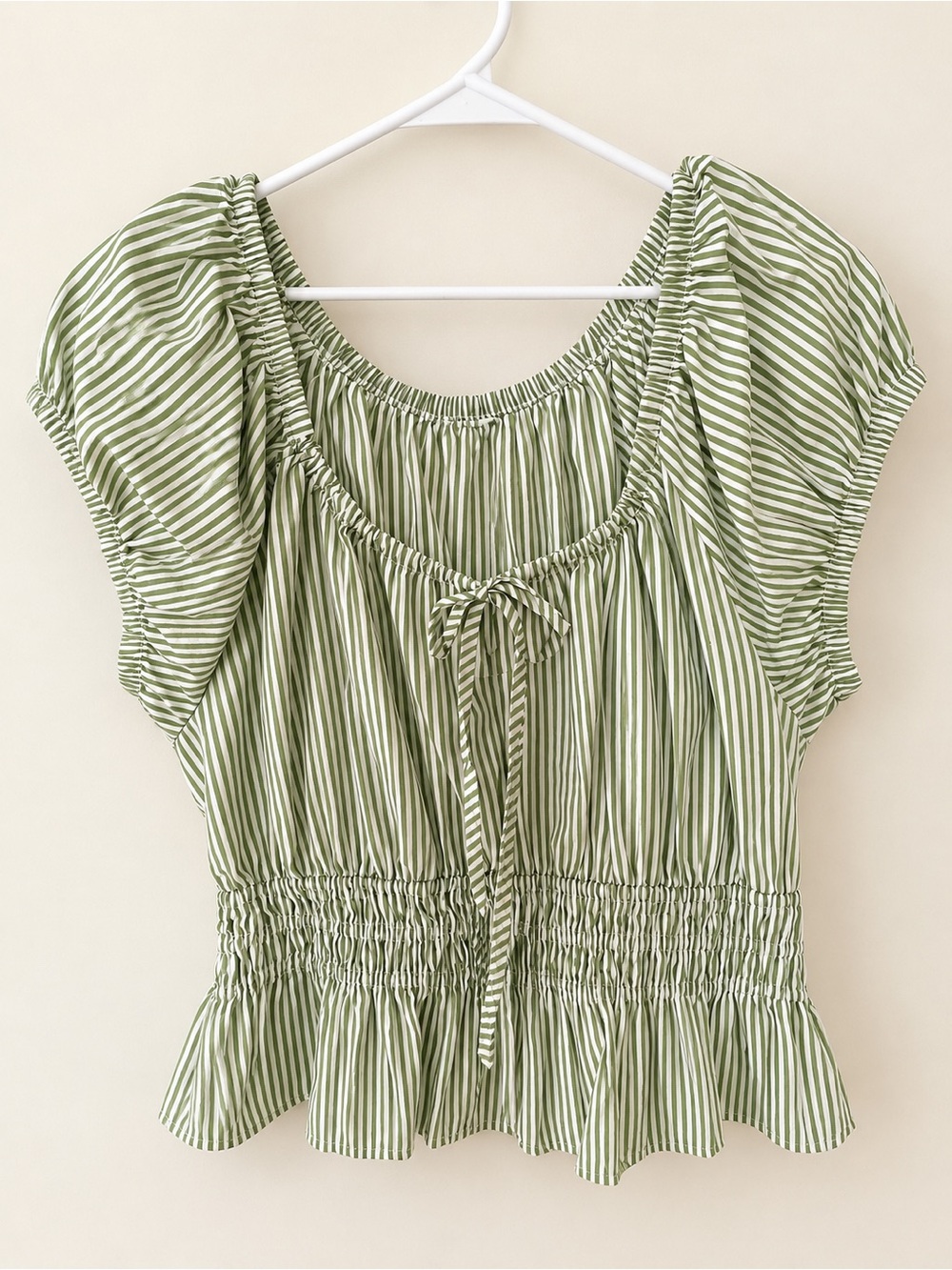 Banana Republic Factory - NWOT- Green Stripe Puff Sleeve Peplum Top- Large